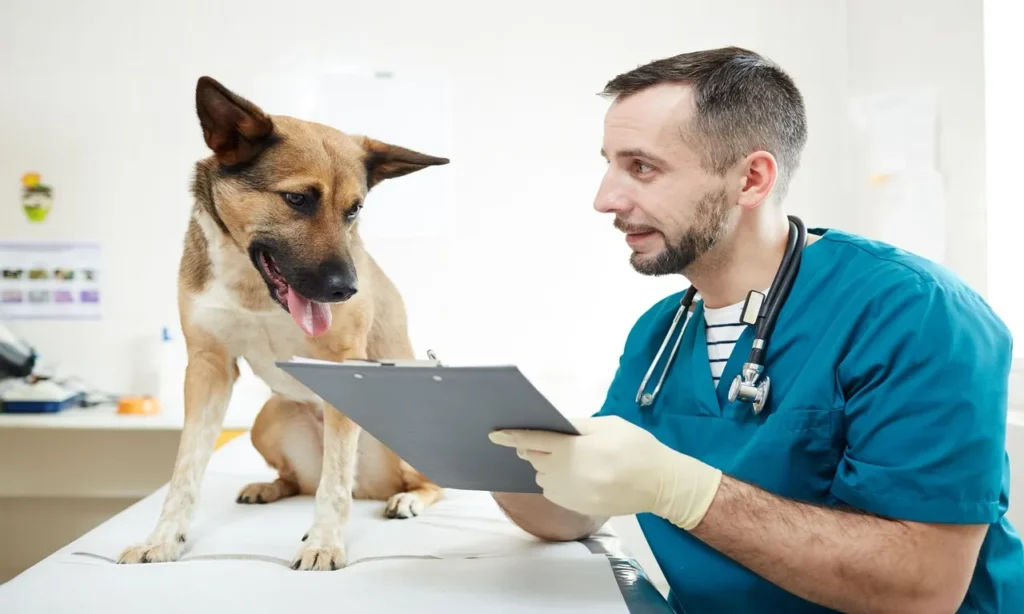 Emergency pet medical insurance helping a veterinarian treat an injured dog while insurance documents and emergency medical icons illustrate comprehensive veterinary coverage.