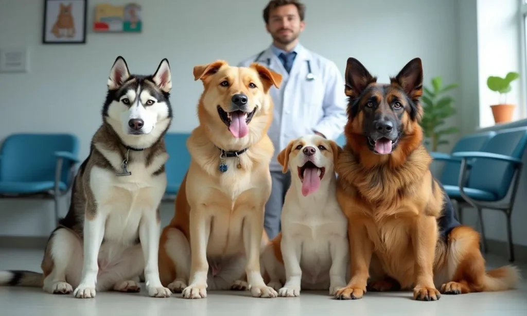 Veterinary insurance claims process with veterinarian reviewing pet medical records and insurance documents.